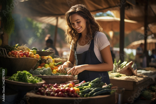 a smiling female farmer preparing fruits and vegetables for sale at farmers market with Generative AI