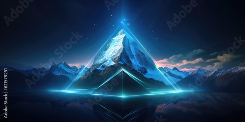 Hologram style mountain peak symbolizes the pinnacle of success and achievement in the era of digital transformation. Innovative strategies to excel in evolving business landscape