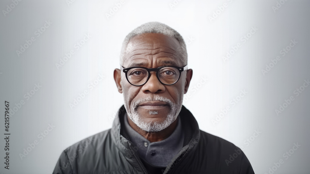 Mature black man wearing a sweatshirt stands alone on a white background, looking at the camera Mature black man wearing a sweatshirt stands alone on a white background, looking at the camera