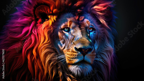 Lion portrait with colourfull fur on black background