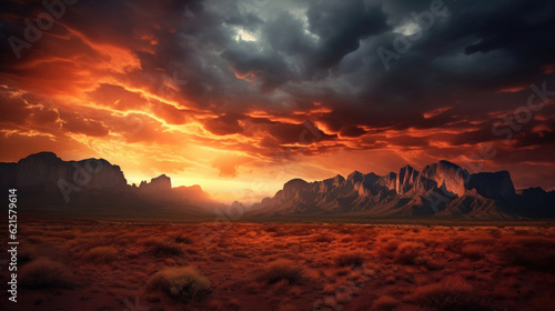 Dramatic sky over mountains at dusk in Kazakhstan
