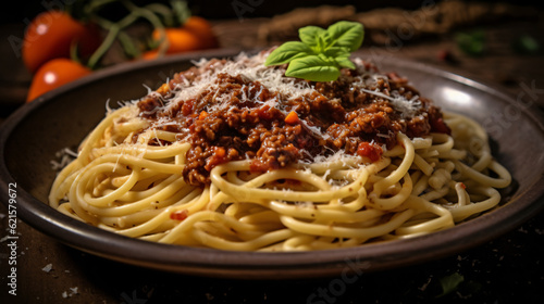 Closeup shot of a Pasta with bolognaise. Food Wallpaper. Generative Ai.