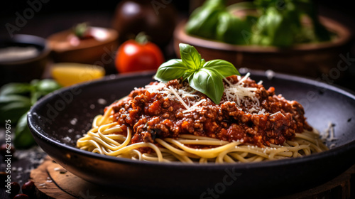 Closeup shot of a Pasta with bolognaise. Food Wallpaper. Generative Ai.