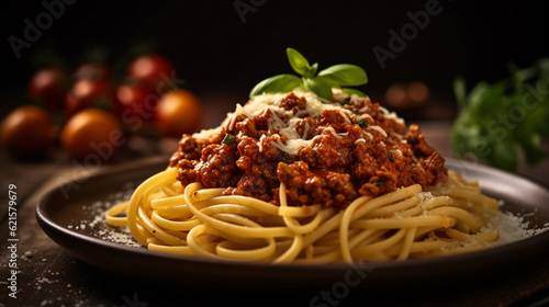 Closeup shot of a Pasta with bolognaise. Food Wallpaper.  photo