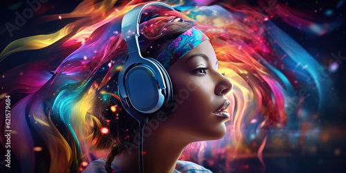 Media streaming concept, a person''s head donned in headphones is shown against a vibrant, colourful screen, symbolizing immersion in multimedia conten © DanteVeiil