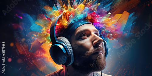 Media streaming concept, a person''s head donned in headphones is shown against a vibrant, colourful screen, symbolizing immersion in multimedia conten © DanteVeiil