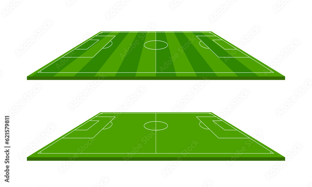 Two soccer or football fields, side view. Perspective elements. Vector illustration.