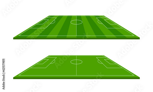 Two soccer or football fields, side view. Perspective elements. Vector illustration.