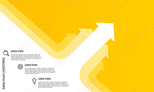 Business presentation 3 option with white upward oblique arrows on yellow background template. Vector illustration.