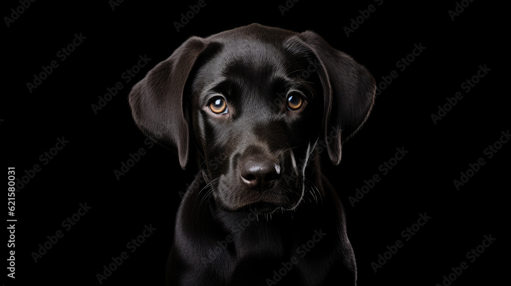 Portrait of black cute puppy dog looking at camera on black background. Copy space, pet, animals, dogs, puppy concept Portrait of black cute puppy dog looking at camera on black background. Copy space, pet, animals, dogs, puppy concept