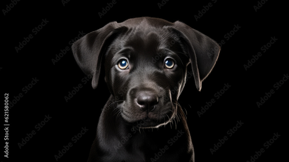 Portrait of black cute puppy dog looking at camera on black background. Copy space, pet, animals, dogs, puppy concept
