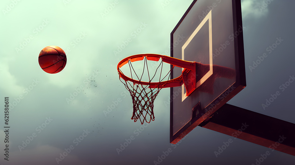 Basketball being shot towards hoop. Victory, achievement, goal, win concept. AI generated image