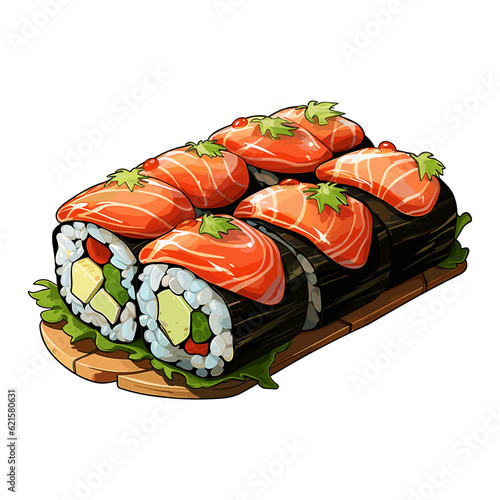 Sushi rolls with salmon, vector icon illustration