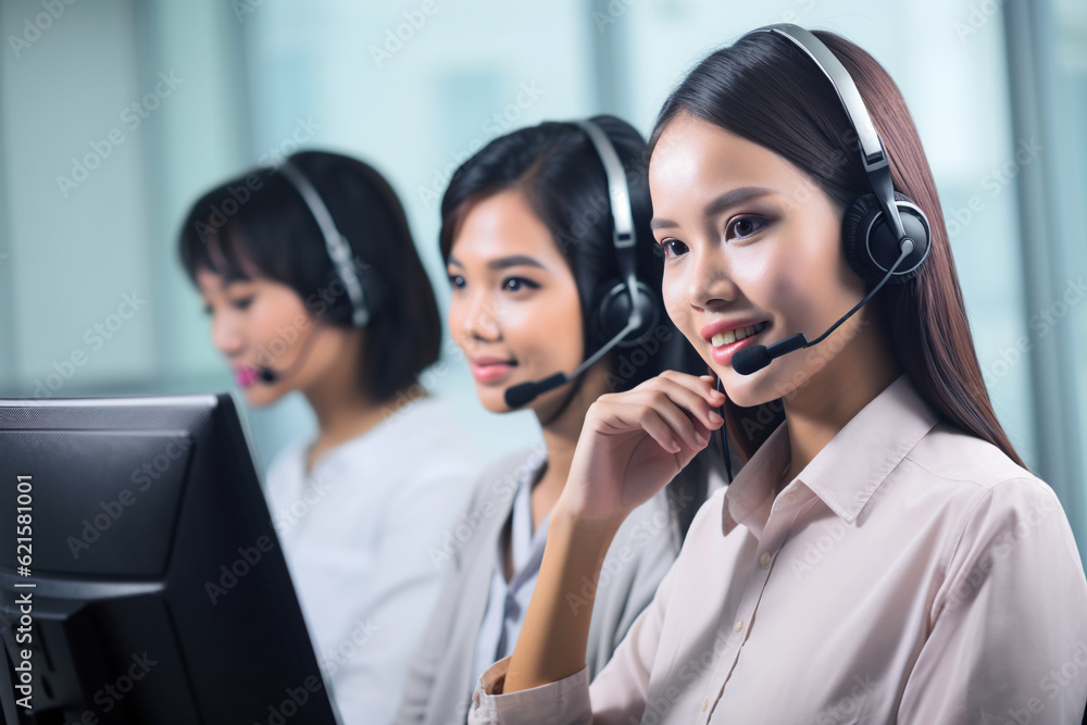 Asian customer support or call center operators with headset working in office. Generative AI Asian customer support or call center operators with headset working in office. Generative AI