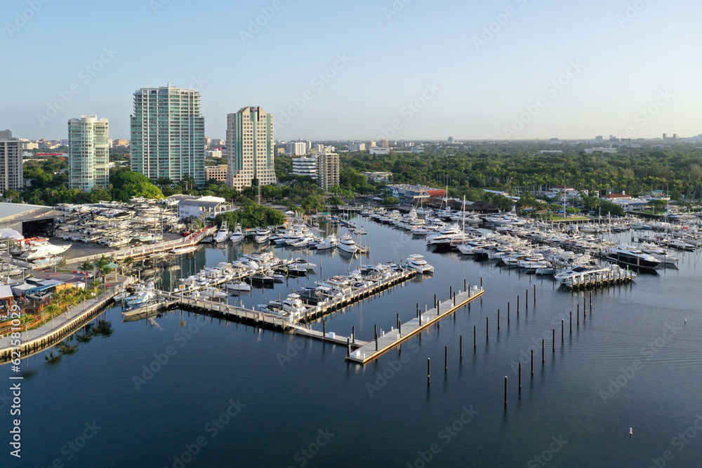 Aerial view of marina and boat storage facilities in Coconut Grove, Miami,  Florida on calm clear sunny summer morning with city skyline in background.  Stock Photo | Adobe Stock