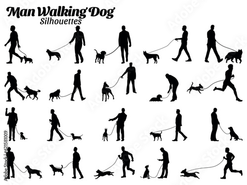 Set of vector silhouettes of men and dogs walking.