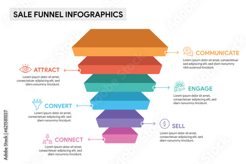 6 level sales funnel diagram concept. 3D Infographic template illustration for business.