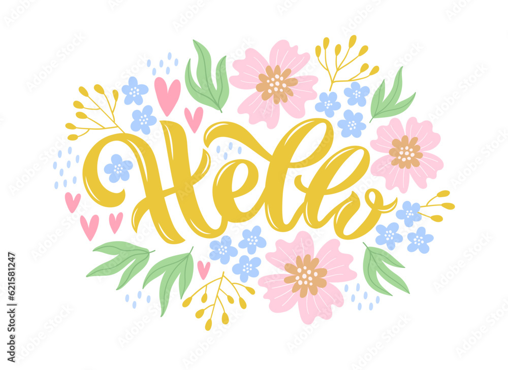 Vector illustration of lettering with flowers for postcards, stickers, banners or posters. Creative typography on a white background with decorative elements. Trendy spring or summer designer print.