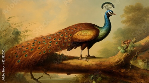 Colorful Peacock Painting In Hudson River School Style photo