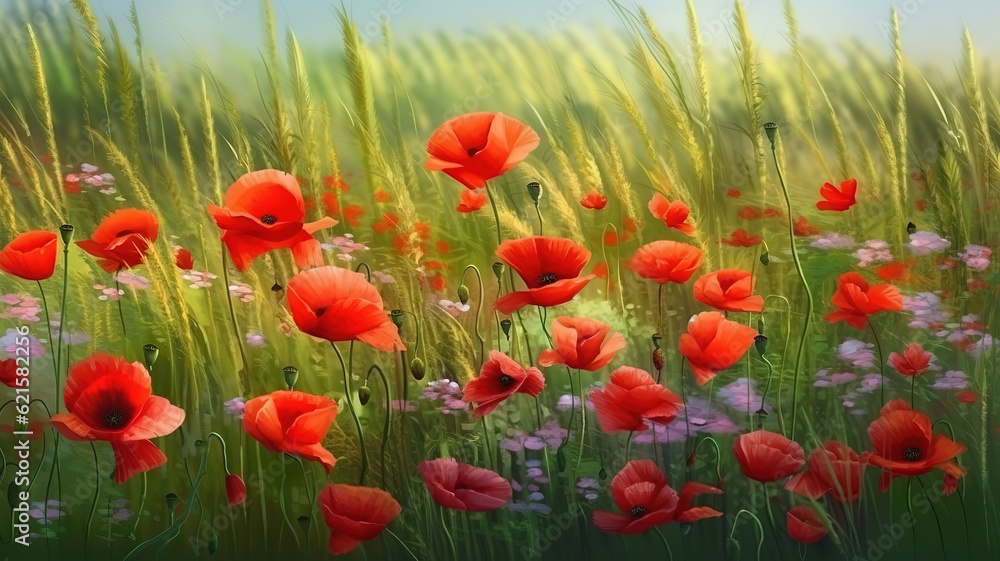 Fototapeta premium Red poppy flowers against the blue sky. Generative Ai