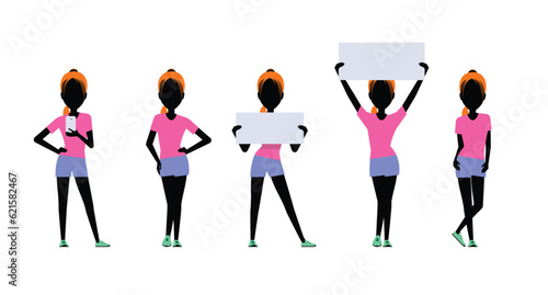 Girl in white shorts and a pink T-shirt and sneakers in various poses. Sport women. Vector illustration