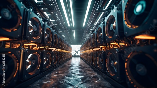 Cryptocurrency mining farm with rows of powerful mining rigs Generative AI photo
