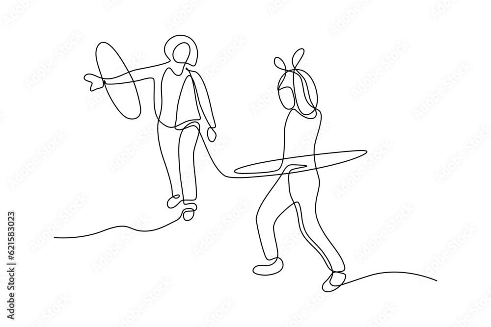 continuous line vector illustration of two women playing holahoop continuous line vector illustration of two women playing holahoop