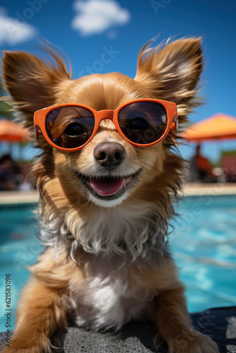 Adorable and cute smiling dog pet on vacation wearing sunglasses © Jeremy