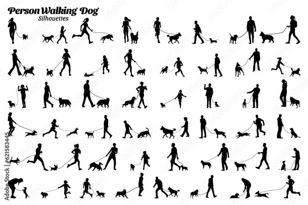 Set of vector silhouettes of people and dogs walking and jogging