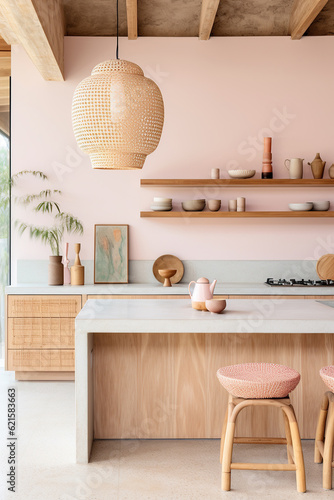 This pastel hued bali inspired kitchen evokes a wild bohemian vibe with its intricate interior design and shelves that make it a dreamy paradise for all your culinary adventures