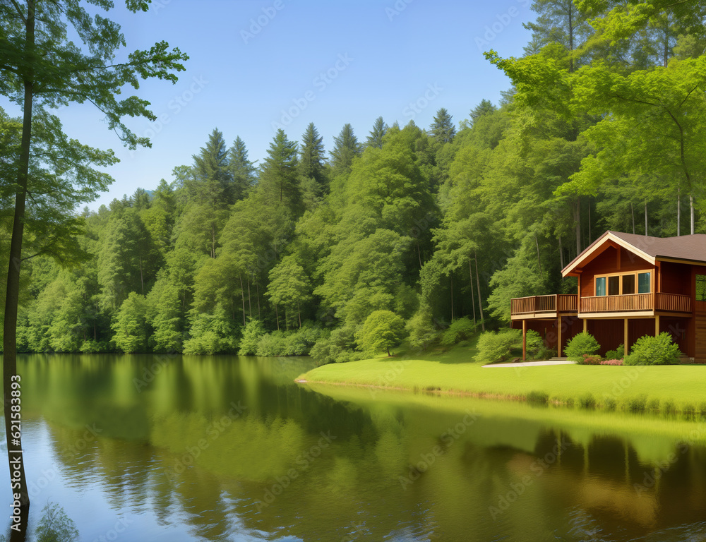 Beautiful wooden house near the river, generative ai. Beautiful natural landscape