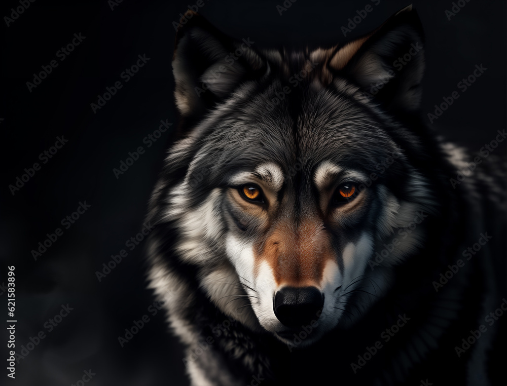 Portrait of adult wolf on dark background, generative ai. Hunter in the woods at midnight Portrait of adult wolf on dark background, generative ai. Hunter in the woods at midnight
