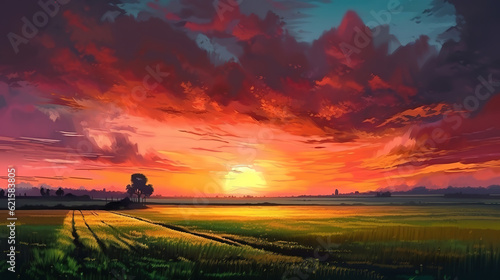 Sunset over the field, Bright color. Generative Ai