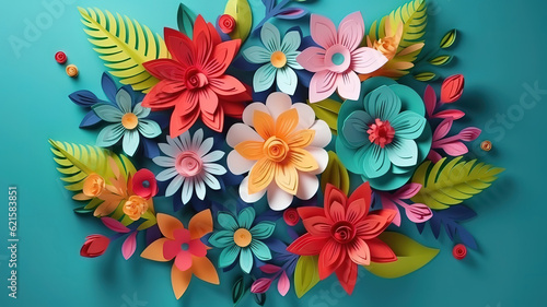 top view of colorful paper cut flowers with green leaves. Generative Ai