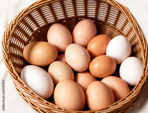 Wallpaper Mural Raw fresh chicken eggs in a rustic wicker basket,  generative ai. Healthy food concept Torontodigital.ca