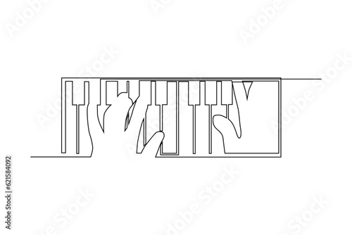 continuous line of hands holding keyboard musical instrument keys