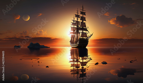 Pirate Ship under sail, but going nowhere at sunset on quiet seas.