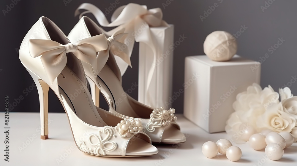 Beautiful luxury wedding bouquet and heels for bride. Generative Ai Beautiful luxury wedding bouquet and heels for bride. Generative Ai
