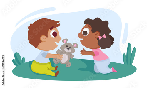 The children play with the bear together in the meadow. The boy gives the bear toy to the girl. Template for advertising brochure or web site. Funny cartoon character. Flat design for kindergarten