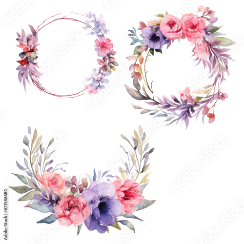 Set of Watercolor flower wreath for wedding or birthday card © Мария Севрук