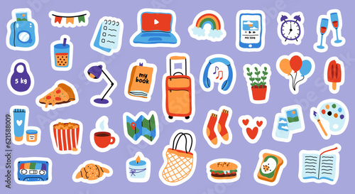 Sticker collection for weekly planner. Cute hand drawn pictures for diary decorating. Flat vector illustration.