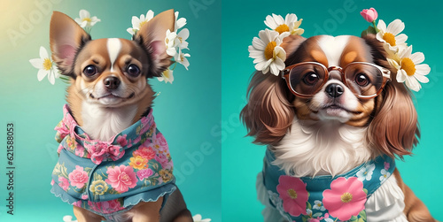  Set of cute dogs in clothes, hat and glasses. Background with flowers.Super realistic dog. Printing on a T-shirt, jacket, sweatshirt. Prints for clothes. Wallpaper, screensaver. Banner. AI