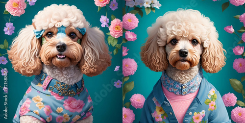 
Set of cute dogs in clothes, hat and glasses. Background with flowers.Super realistic dog. Printing on a T-shirt, jacket, sweatshirt. Prints for clothes. Wallpaper, screensaver. Banner. AI