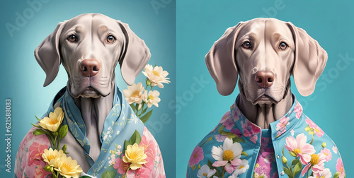 
Set of cute dogs in clothes, hat and glasses. Background with flowers.Super realistic dog. Printing on a T-shirt, jacket, sweatshirt. Prints for clothes. Wallpaper, screensaver. Banner. AI