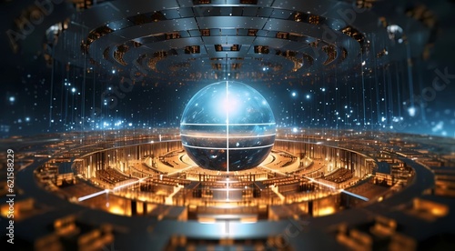 3d rendering of abstract technology concept with globe and glowing lights, Generation AI illustrations.