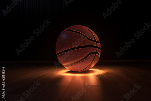 A basketball player shooting the ball towards the hoop on a shiny hardwood court floor. AI Generative.