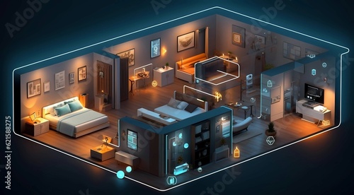 Interior of a bedroom in isometric projection, Vector illustration, Generation AI illustrations.