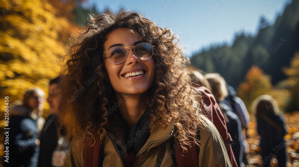 portrait of a african american woman hiking with friends portrait of a african american woman hiking with friends