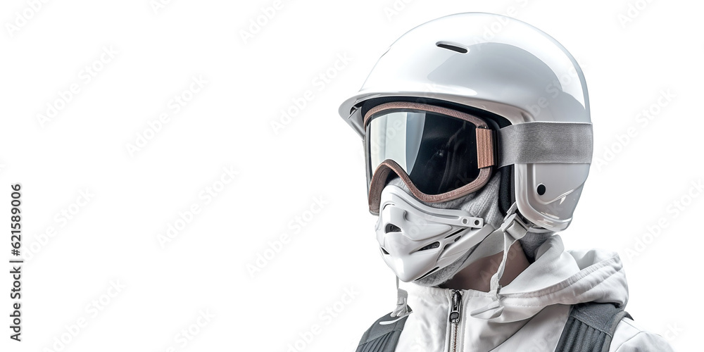 Portrait of a motorcyclist in a matching suit and helmet, close-up and against an isolated white background. Generative AI Portrait of a motorcyclist in a matching suit and helmet, close-up and against an isolated white background. Generative AI
