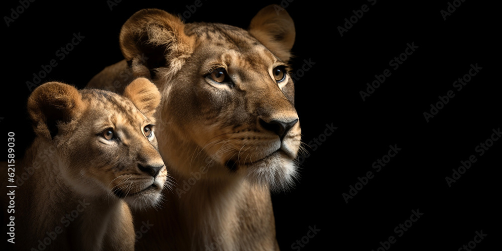 Portrait of a lioness and her cub together next to each other, close-up and on an isolated black background. Generative AI